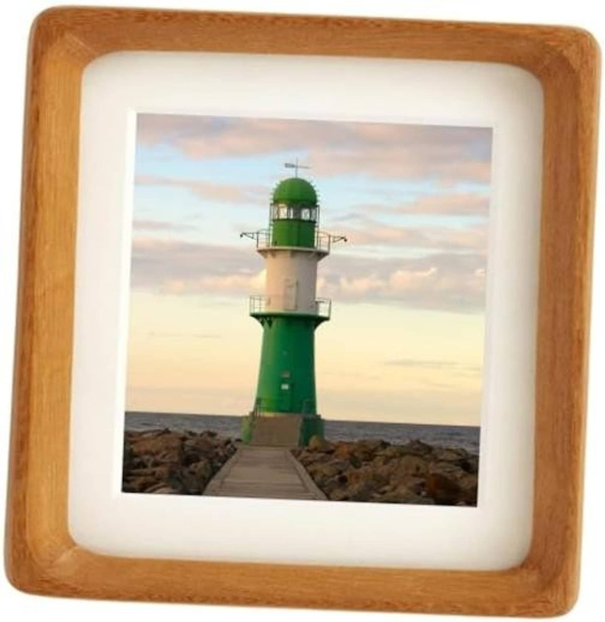 Natural teak wood picture frame with white mat and clear shatterproof front