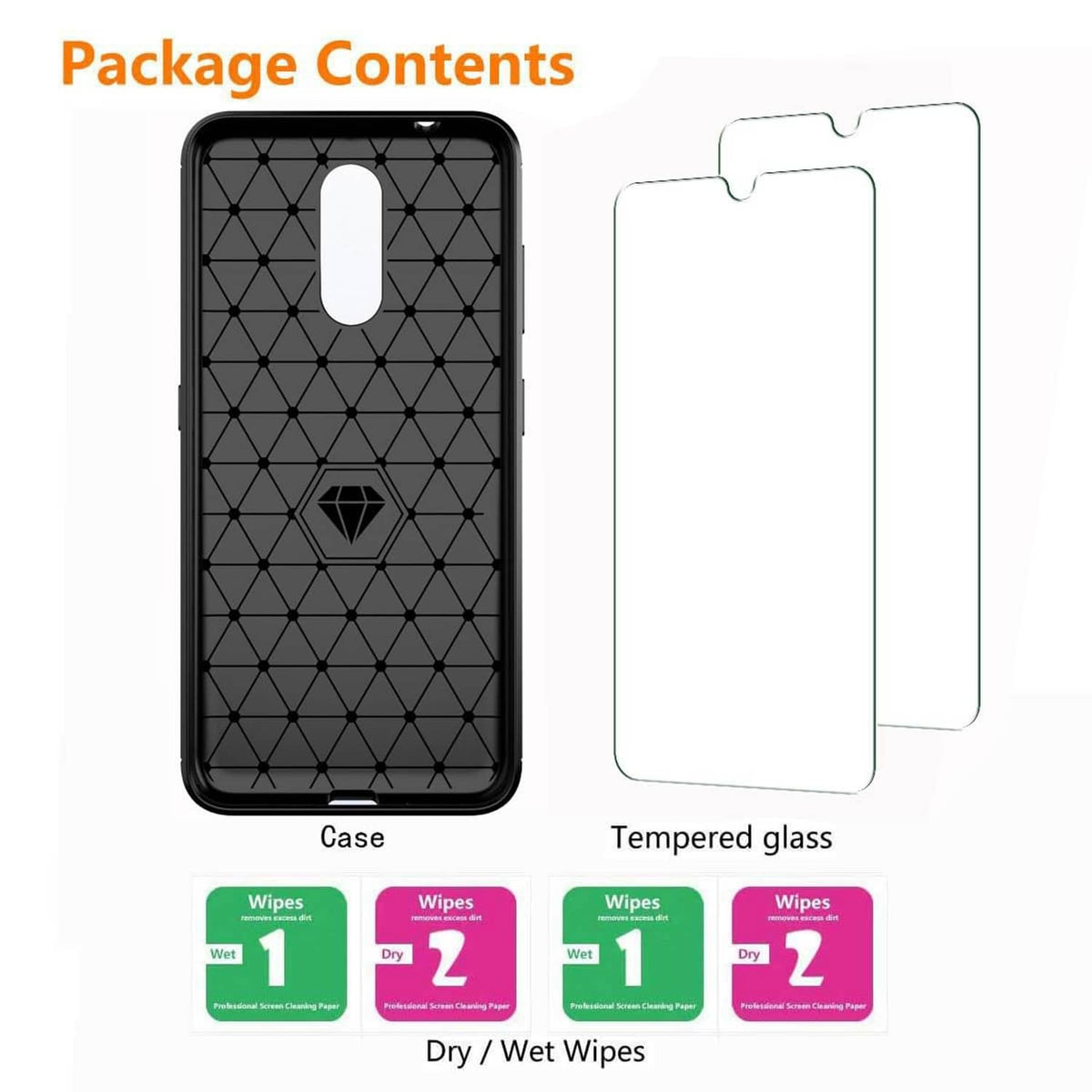 Black textured phone case and two clear tempered glass pieces with cleaning wipes