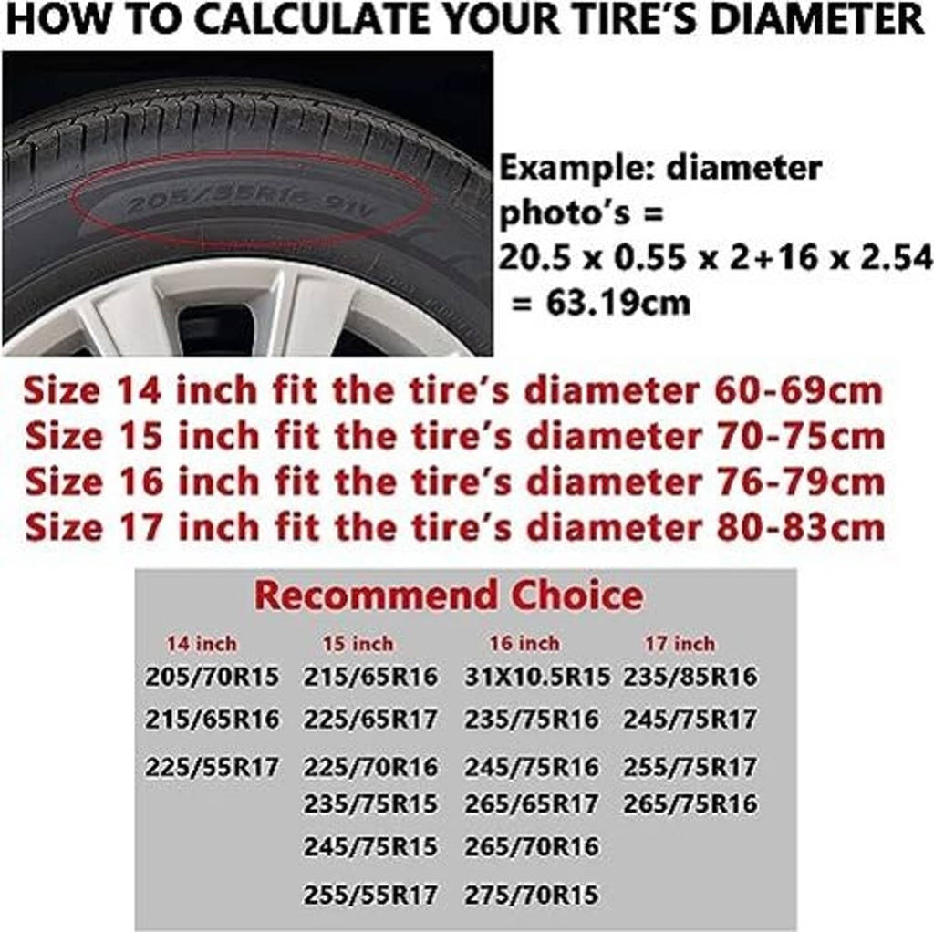 Spare tire cover size chart showing recommended tire diameters and fit sizes