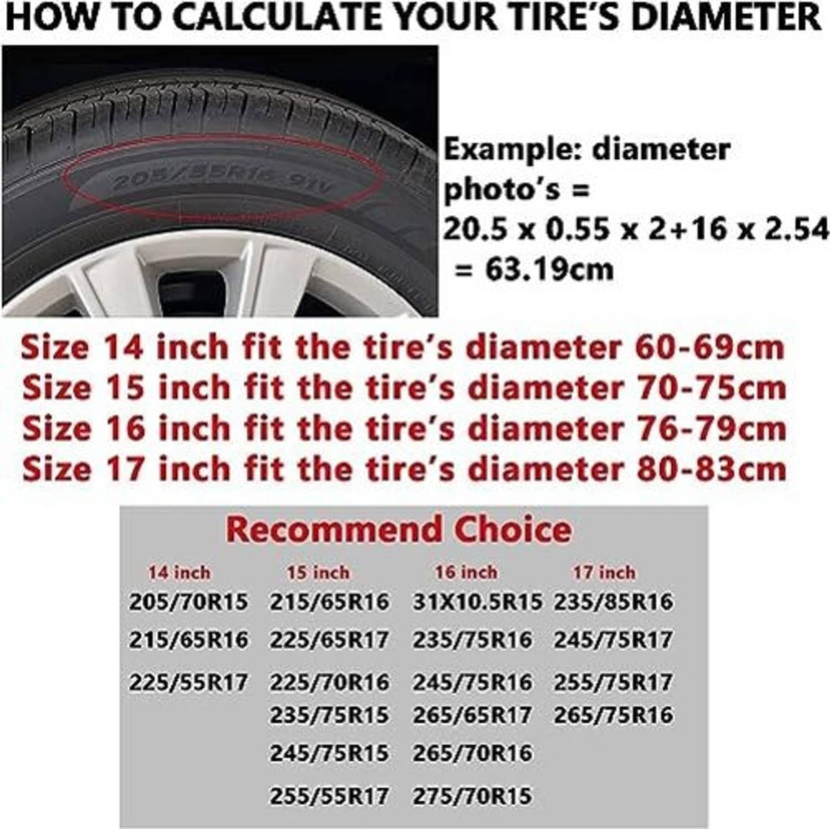 Spare tire cover size chart showing recommended tire diameters and fit sizes