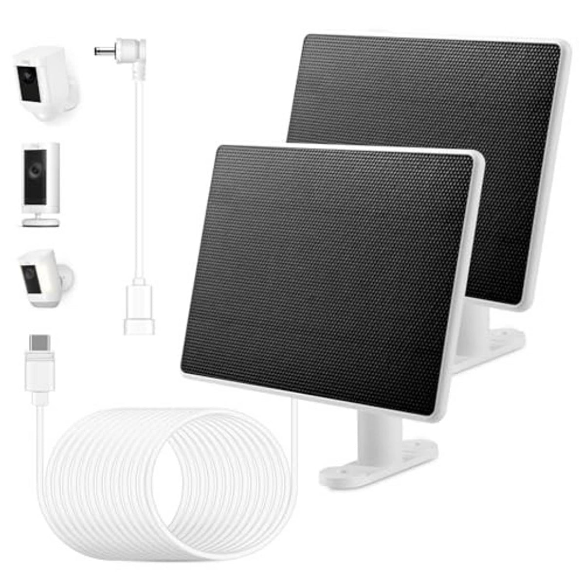 Angled pair of black solar panels with white mounting stands and coiled cable