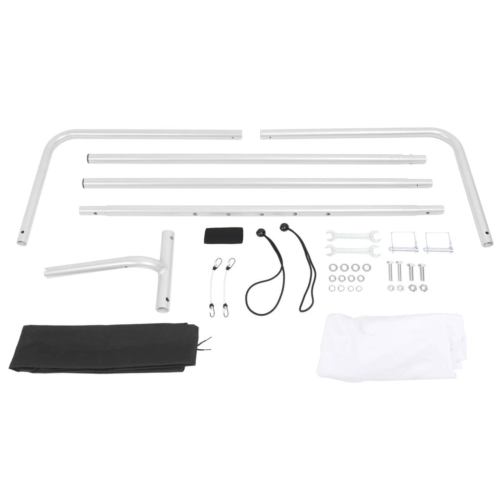 Boat sun shade parts kit with silver poles, ropes, clips, hardware, and cover