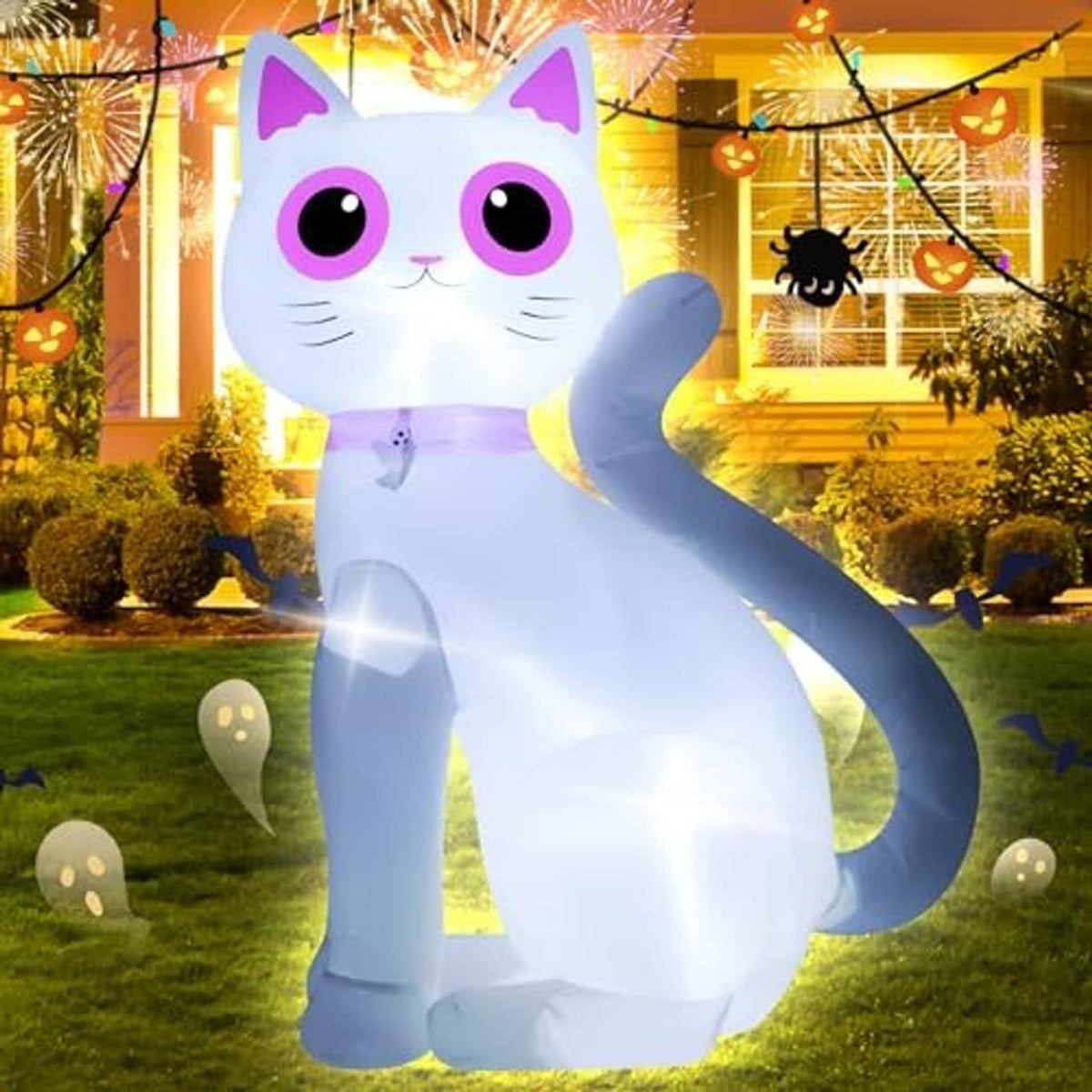 White inflatable cat decoration with LED lights, front view with glowing paws and face.