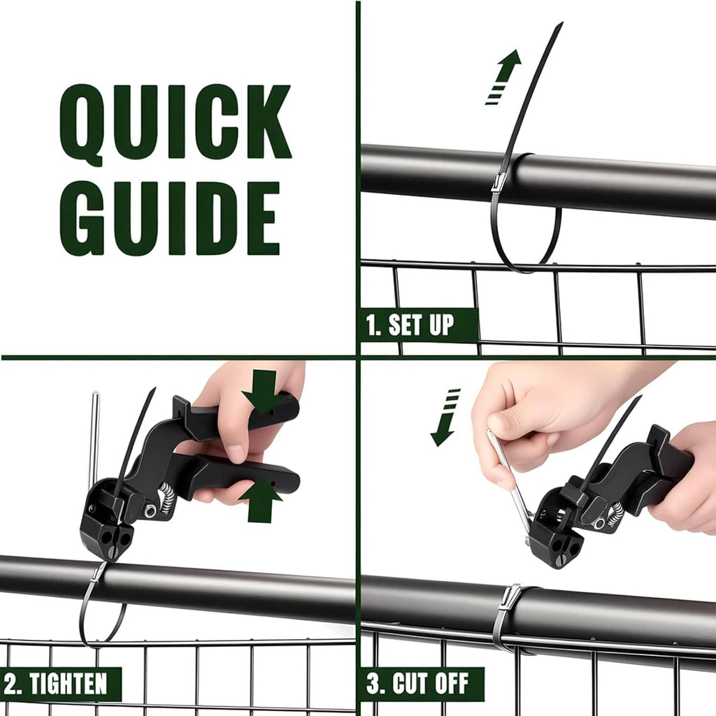 Cable tie gun placing and tightening a zip tie around metal fence wire