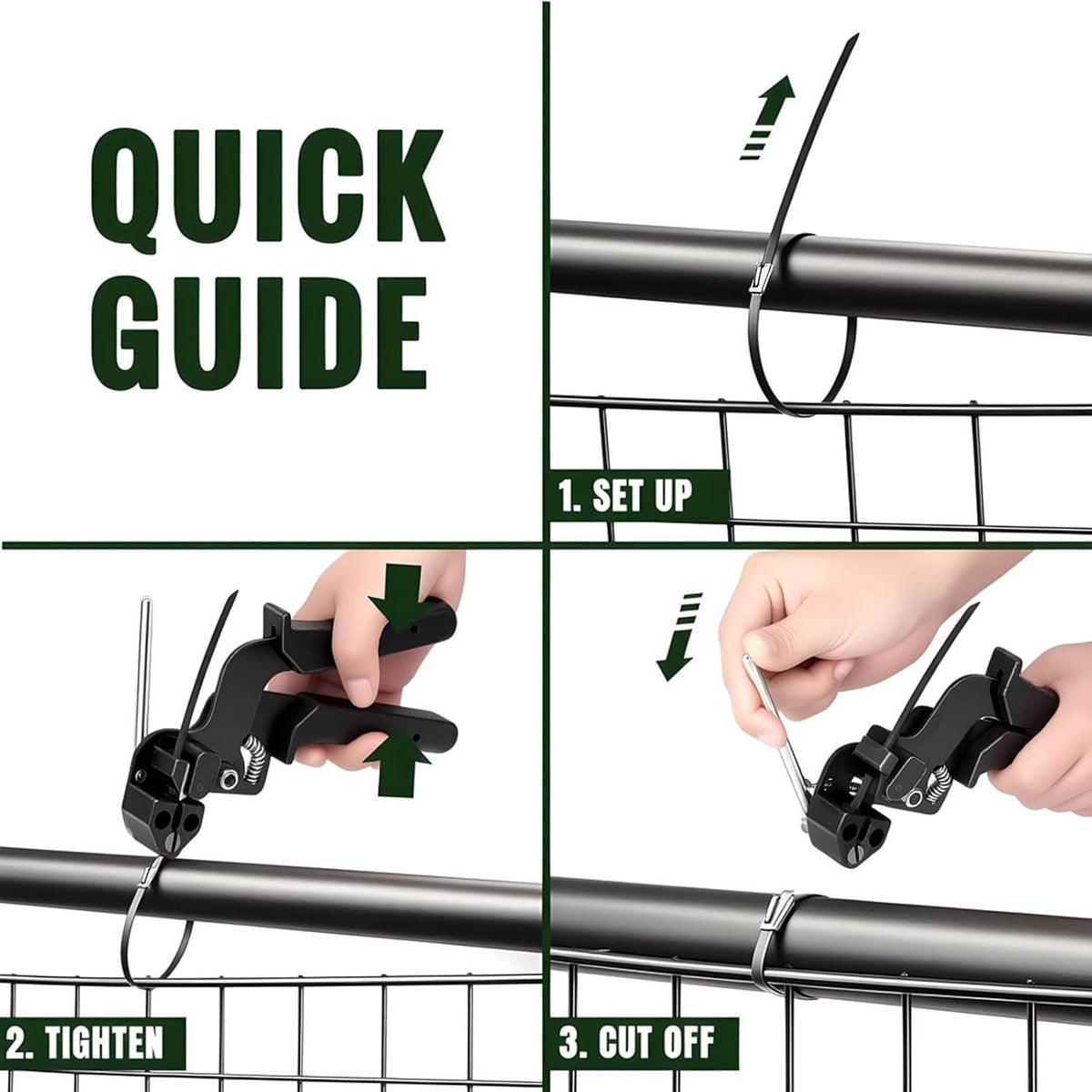 Cable tie gun placing and tightening a zip tie around metal fence wire