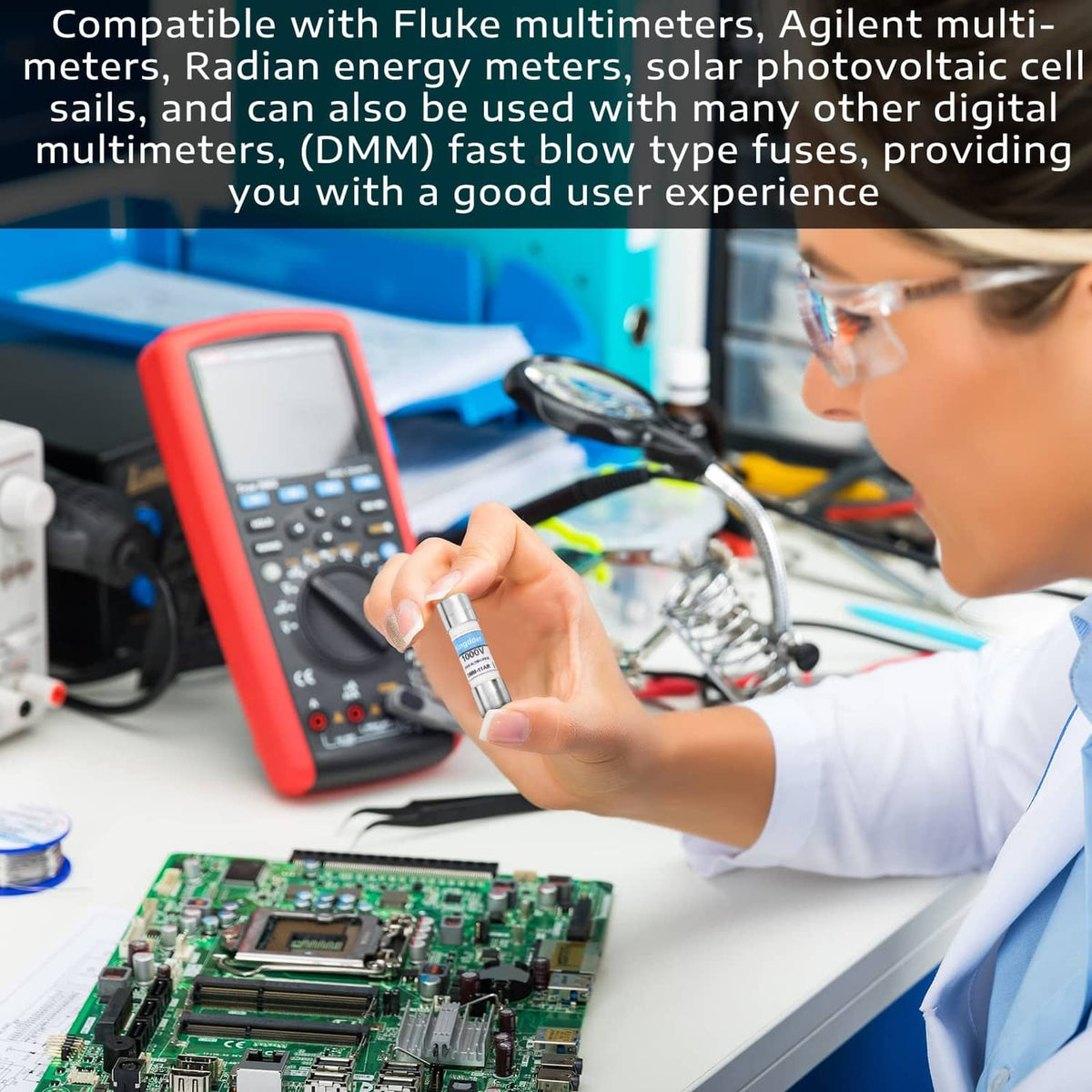 Technician holding a Kingdder 1000V instrument fuse cartridge near a digital multimeter.