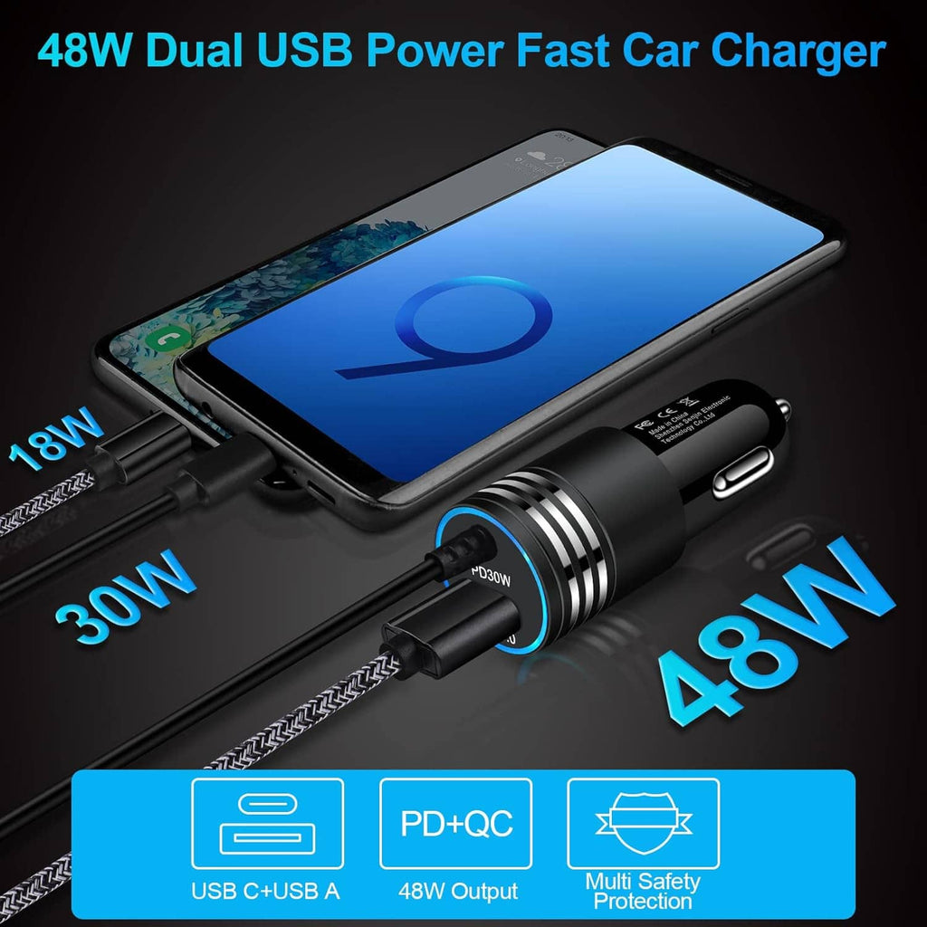 Dual-port USB car charger with USB-C input and coiled cable, black cylindrical body