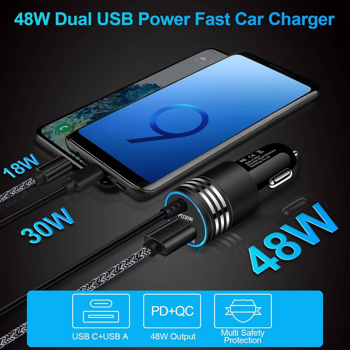 Dual-port USB car charger with USB-C input and coiled cable, black cylindrical body