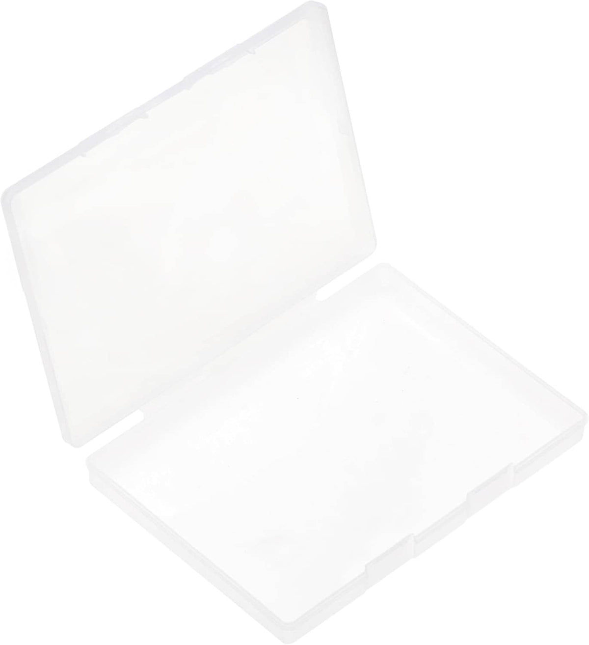Clear plastic B5 flat storage box with hinged lid, open view