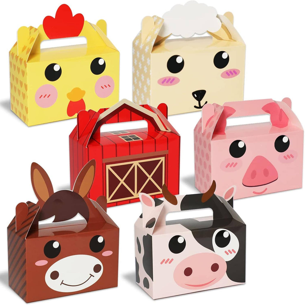 Set of farm animal party favor treat boxes in yellow, pink, red, brown, and black-white