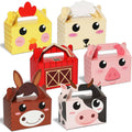 Set of farm animal party favor treat boxes in yellow, pink, red, brown, and black-white