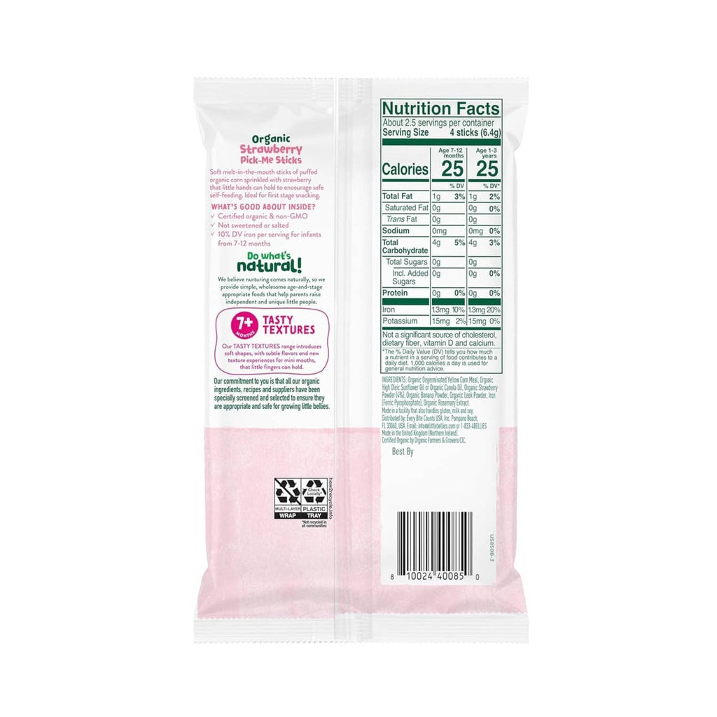 Back of Little Bellies organic strawberry pick-me sticks pouch with nutrition facts