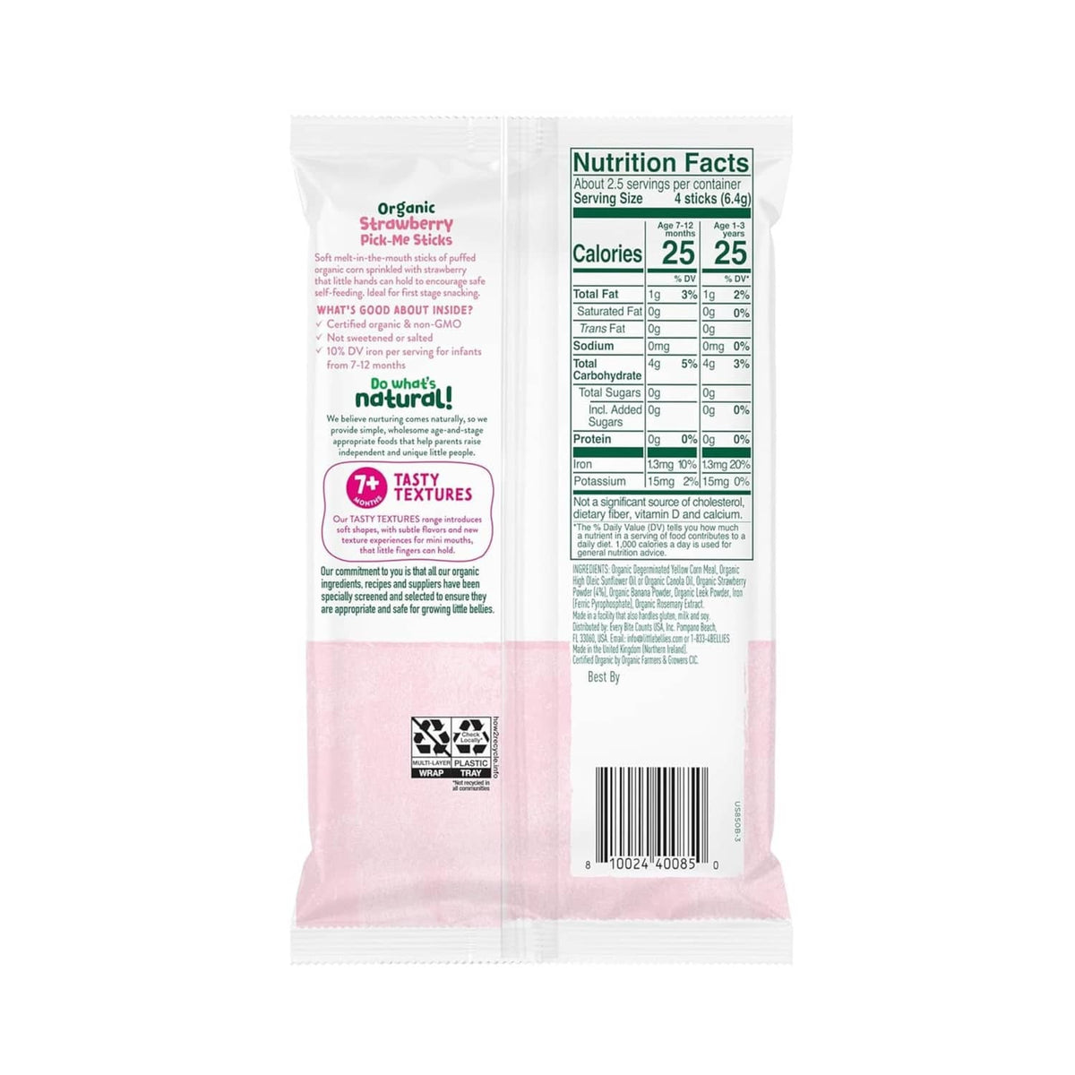 Back of Little Bellies organic strawberry pick-me sticks pouch with nutrition facts