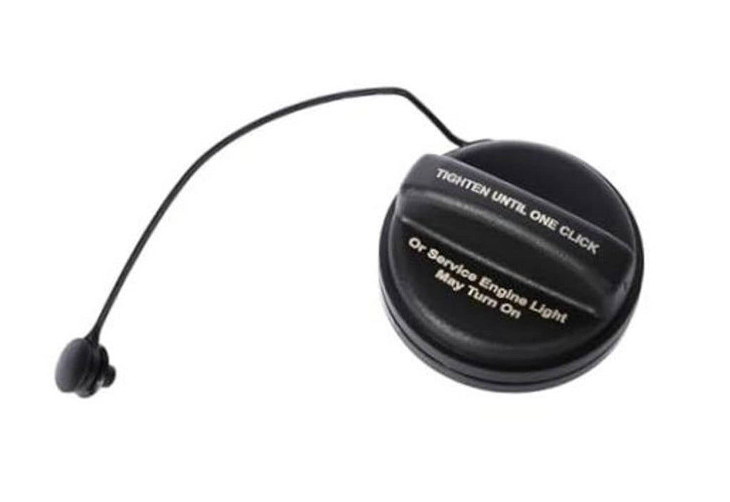 Fuel tank filler cap, black with tether cord and molded warning text