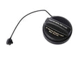 Fuel tank filler cap, black with tether cord and molded warning text