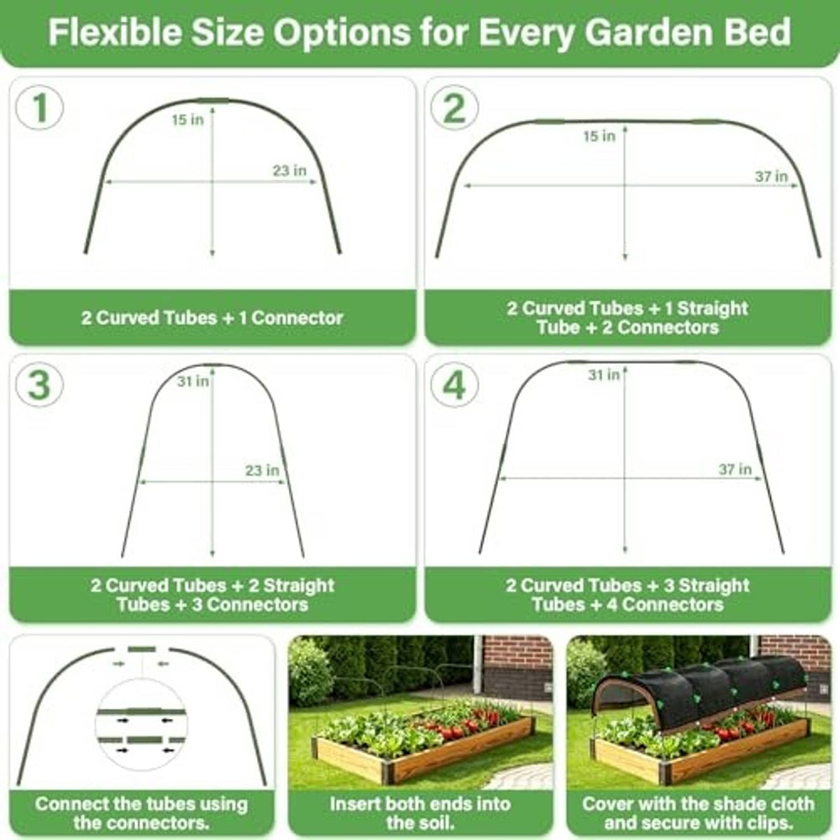 Garden shade cloth hoop kit size diagram with curved tubes and connectors
