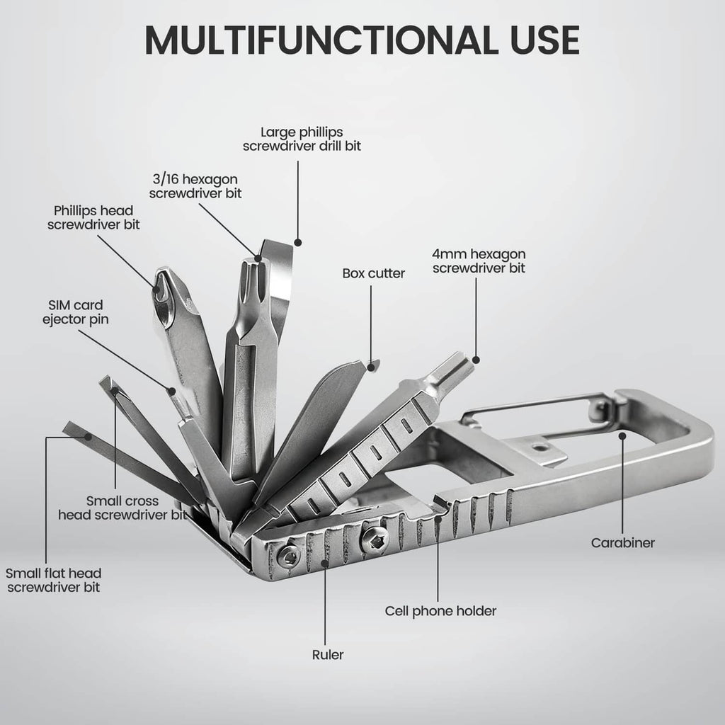Stainless steel multi-tool folded open with multiple driver and cutting bits