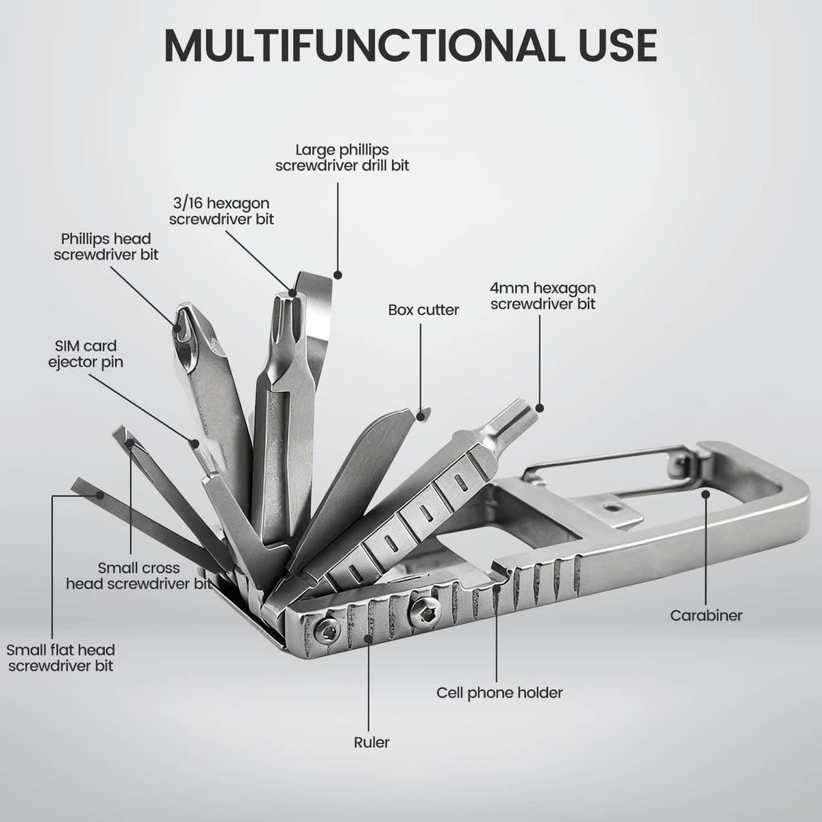 Stainless steel multi-tool folded open with multiple driver and cutting bits