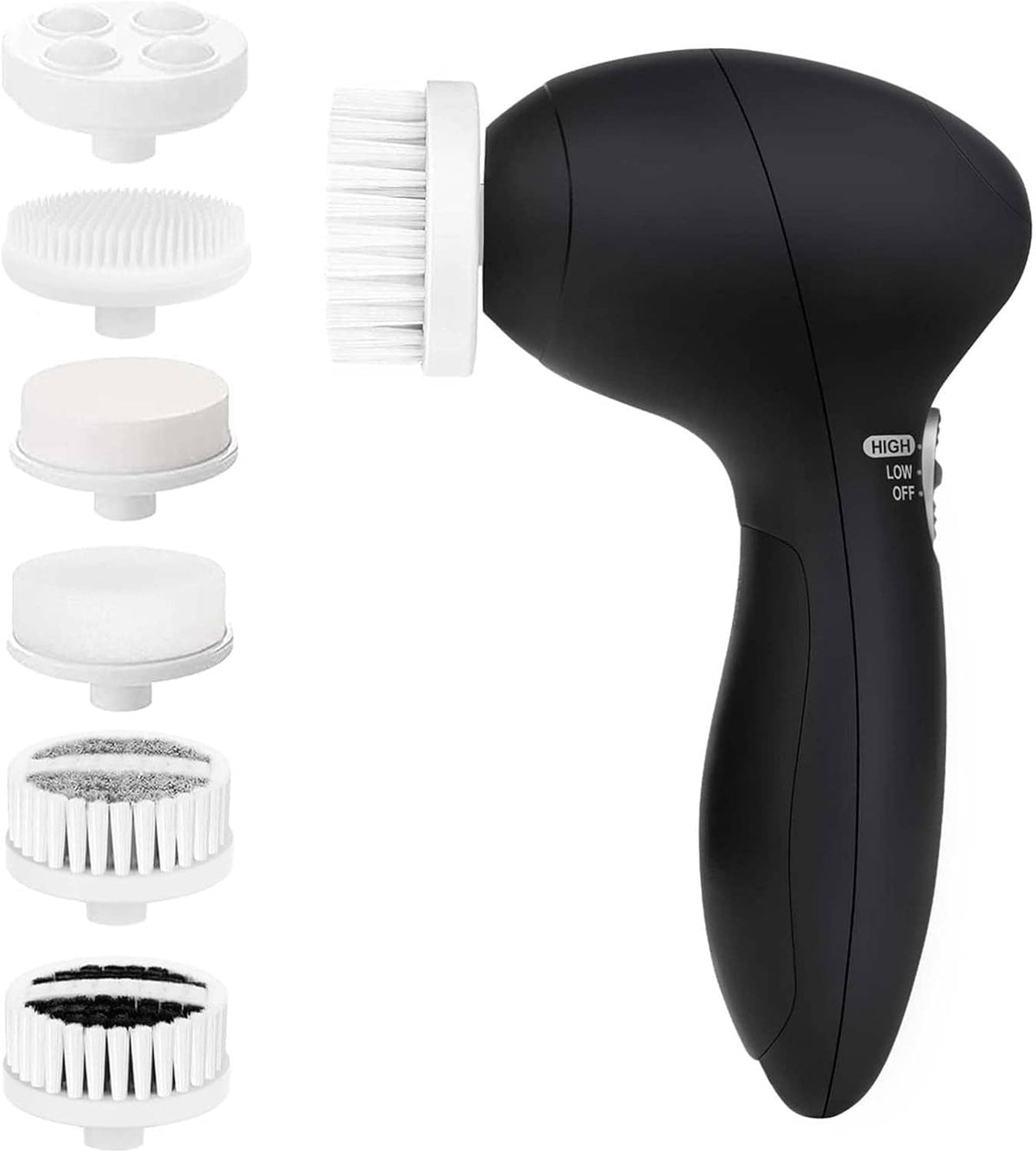 Electric face scrubber with black handle and assorted white silicone and brush heads