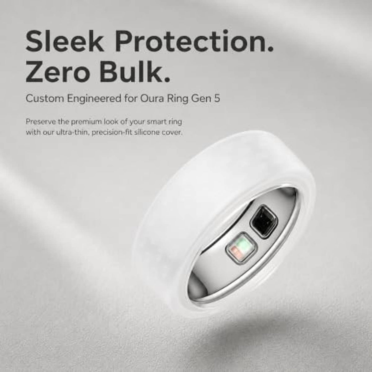 White/clear silicone ring protector sleeve with Oura Ring 5 inside, open sensor area