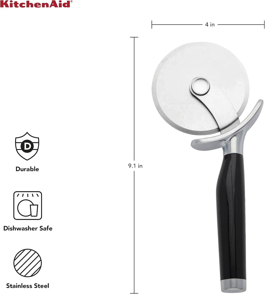 Pizza cutter wheel with black handle and stainless blade, thumb guard