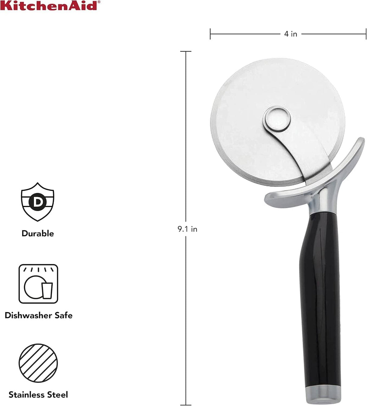 Pizza cutter wheel with black handle and stainless blade, thumb guard