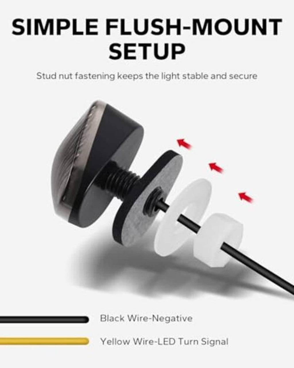 Flush-mount LED turn signal with threaded stud, black housing, and wire leads