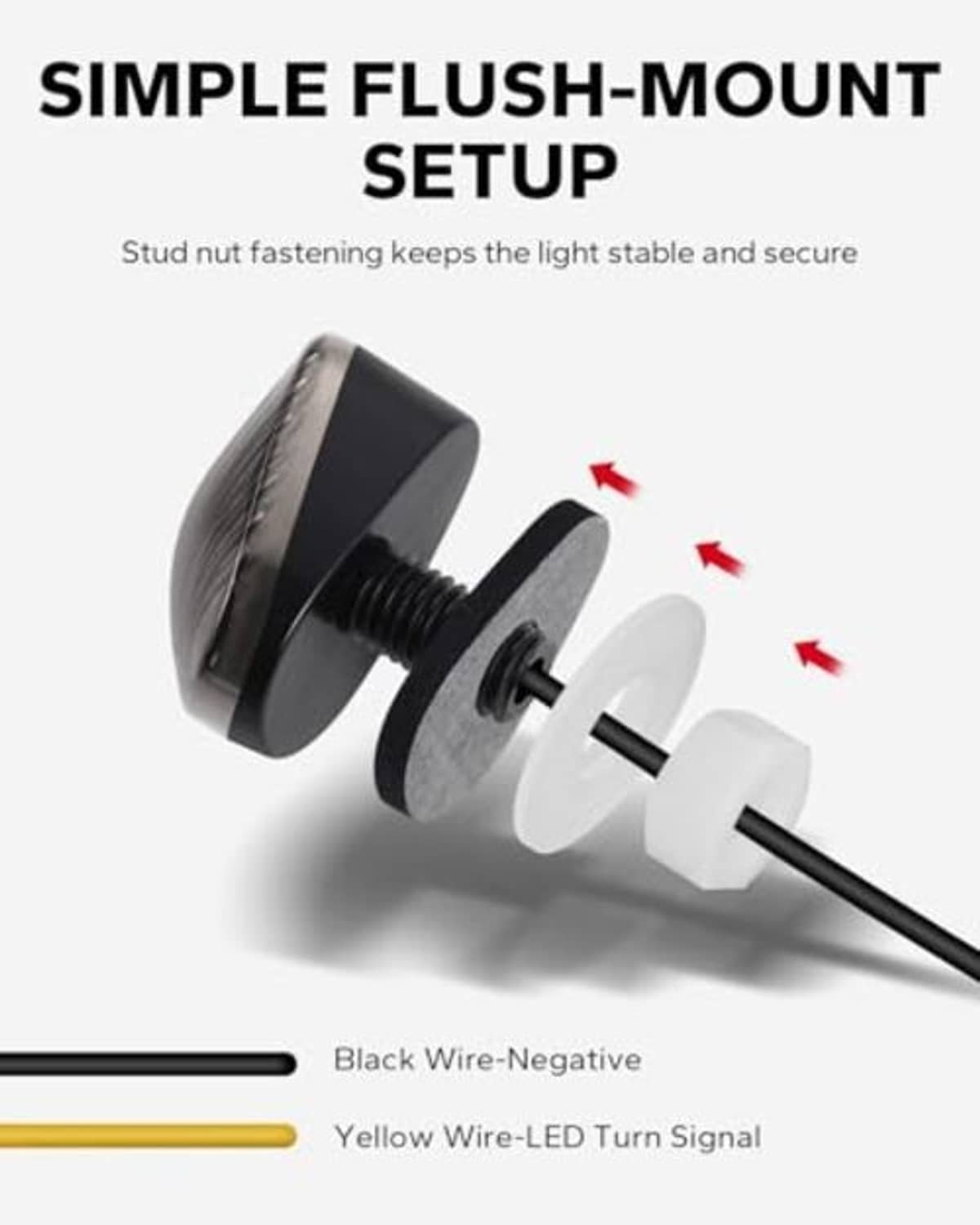 Flush-mount LED turn signal with threaded stud, black housing, and wire leads