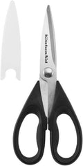 Stainless steel kitchen shears with black, loop-style handles and protective blade guard