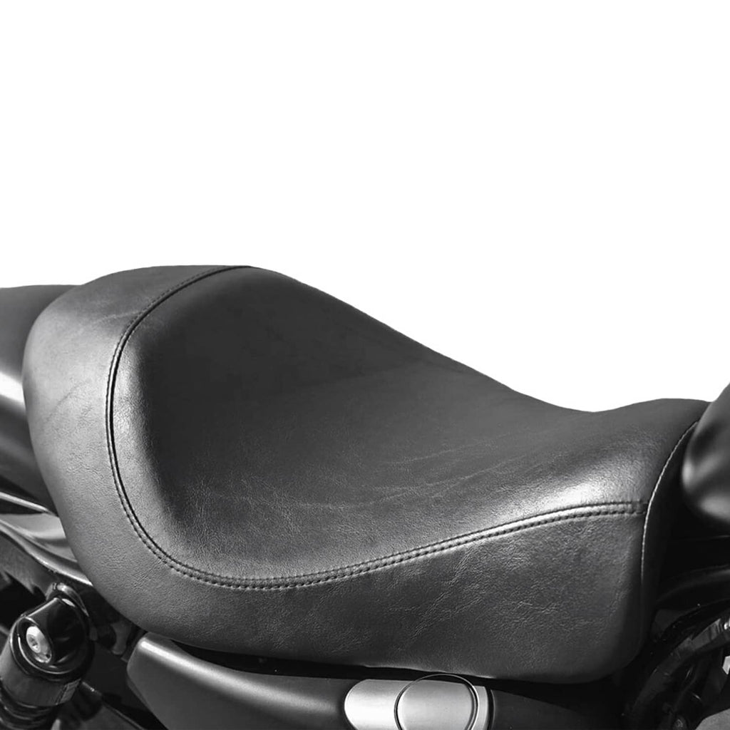 Black solo motorcycle seat with detailed stitched panel and textured finish
