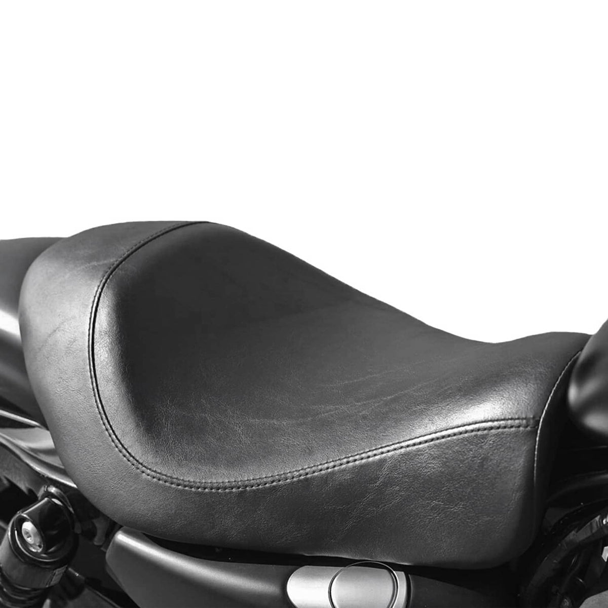 Black solo motorcycle seat with detailed stitched panel and textured finish