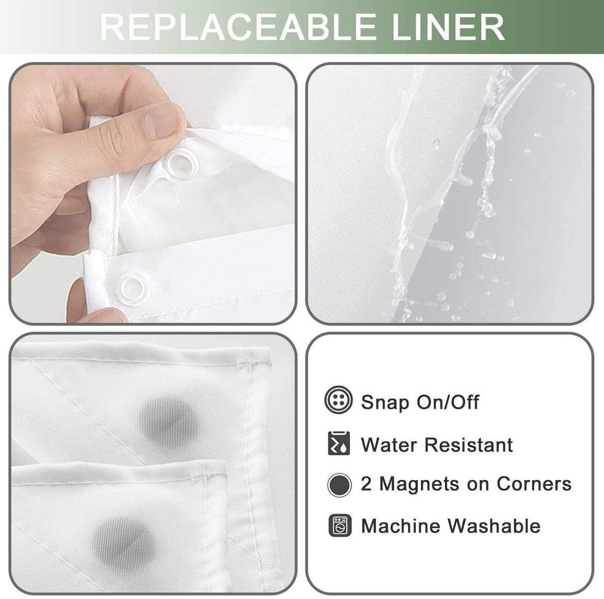 Ombre green shower curtain with snap closures and replaceable liner panels