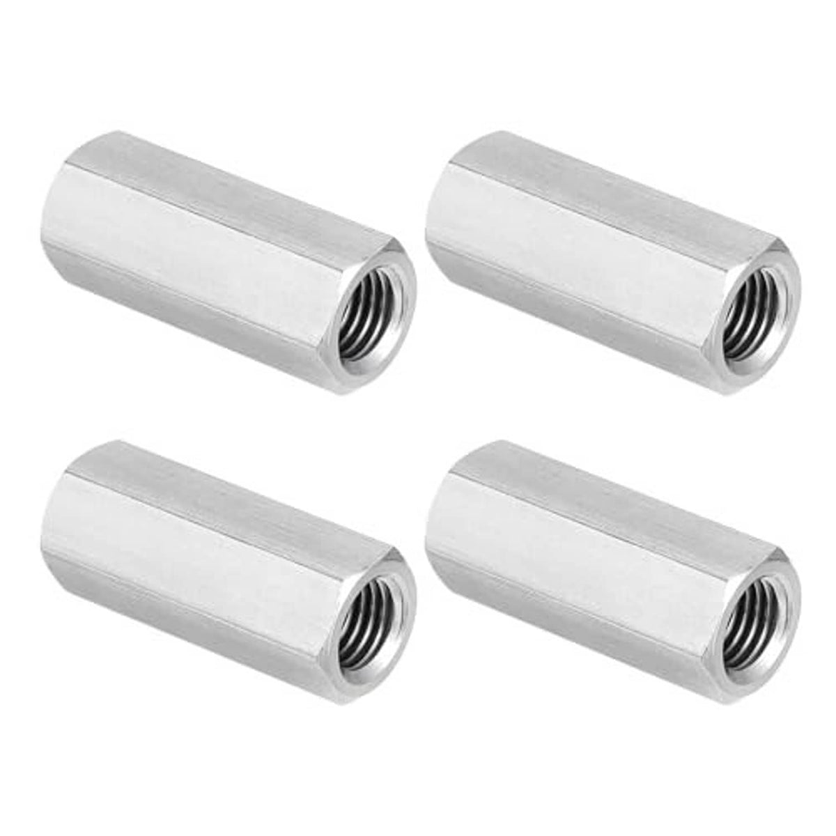 Stainless steel hex coupling nuts set, four silver pieces with internal threads