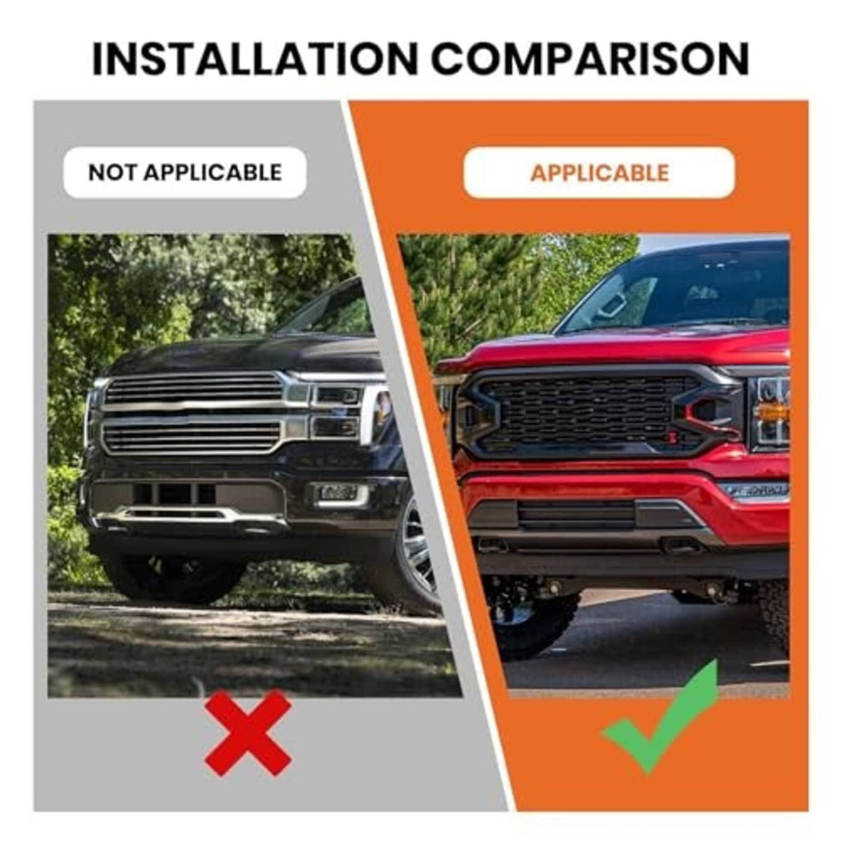 Black front bumper grille trim insert with horizontal slats, installation comparison