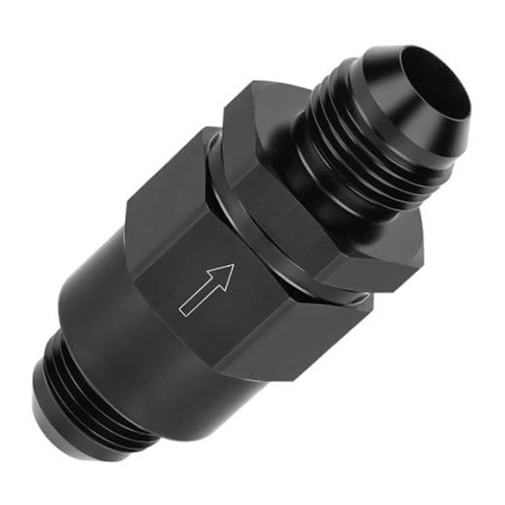 Black 10AN male one-way check valve fitting, threaded ends and arrow direction window