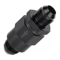 Black 10AN male one-way check valve fitting, threaded ends and arrow direction window