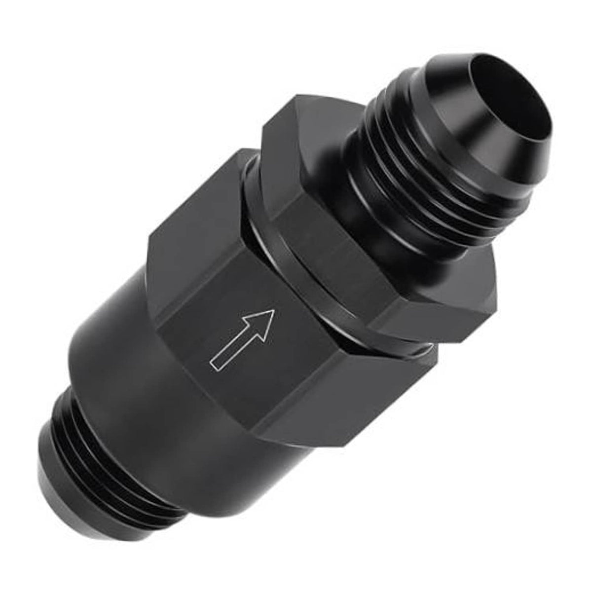 Black 10AN male one-way check valve fitting, threaded ends and arrow direction window