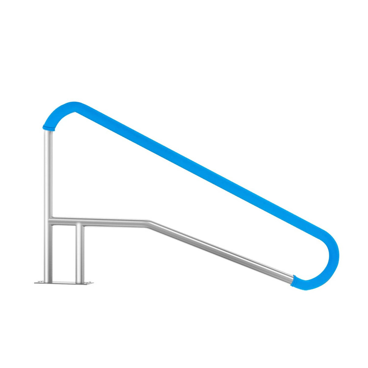 Side view of stainless steel swimming pool handrail with blue padded grip