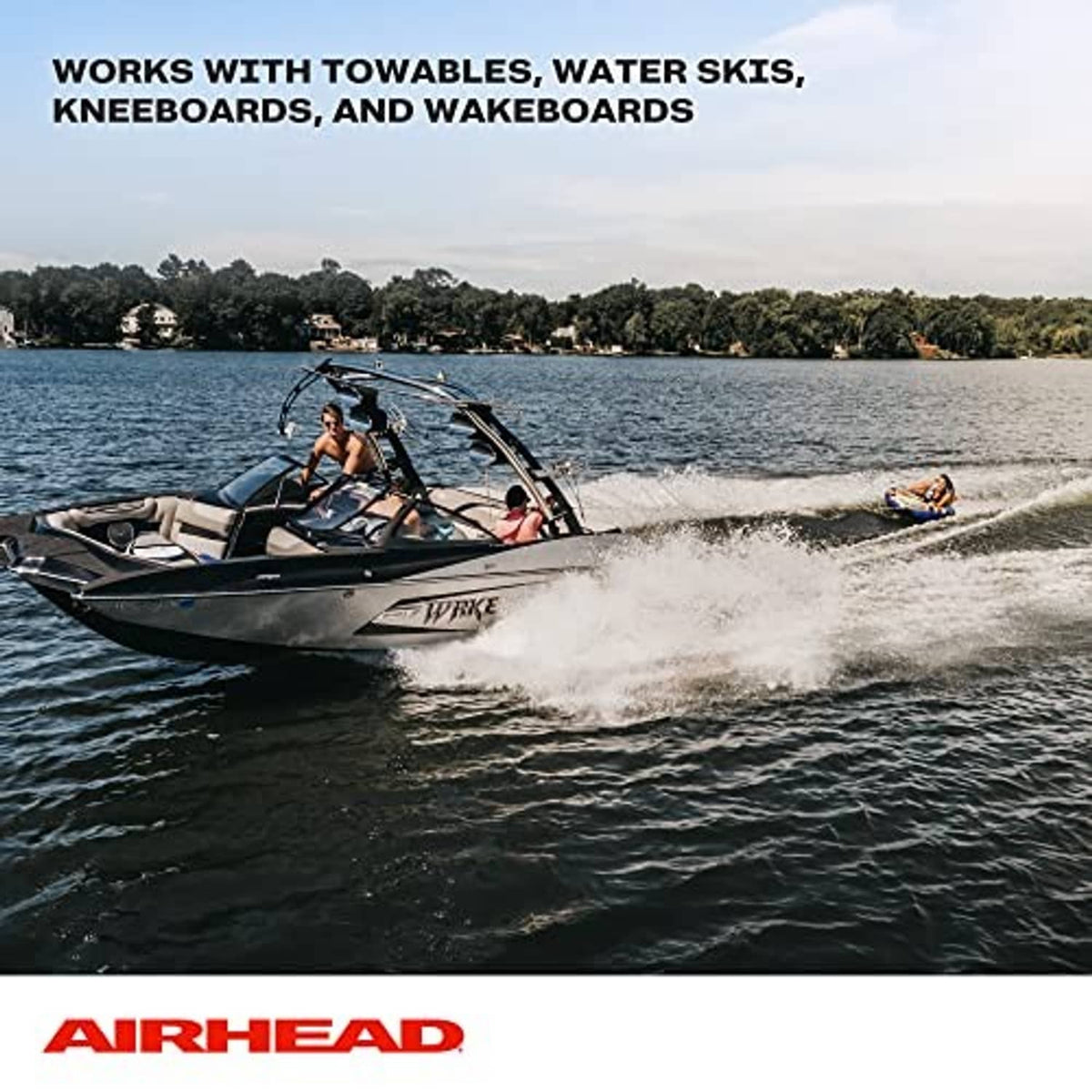 Tow boat accelerating on a lake water scene with AIRHEAD logo