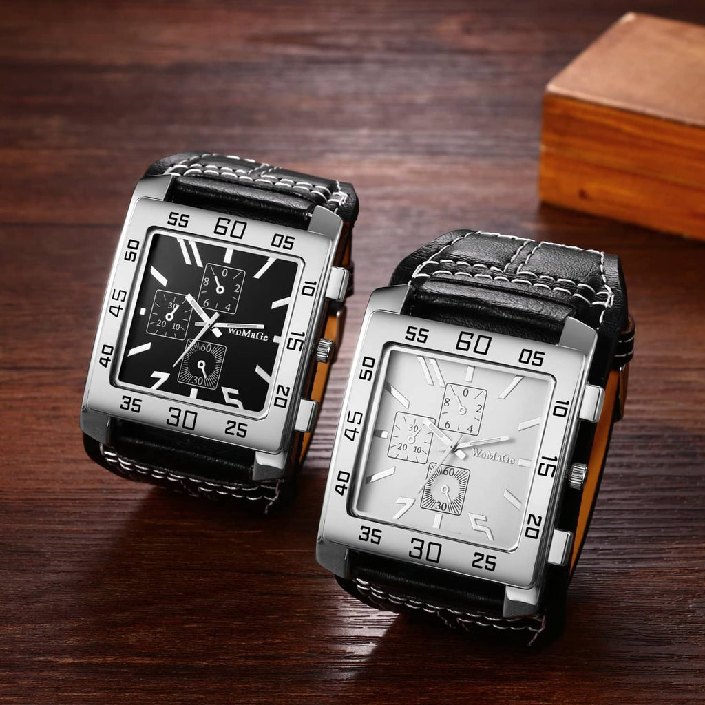 Two square wristwatches with black dials and silver cases, black leather straps shown