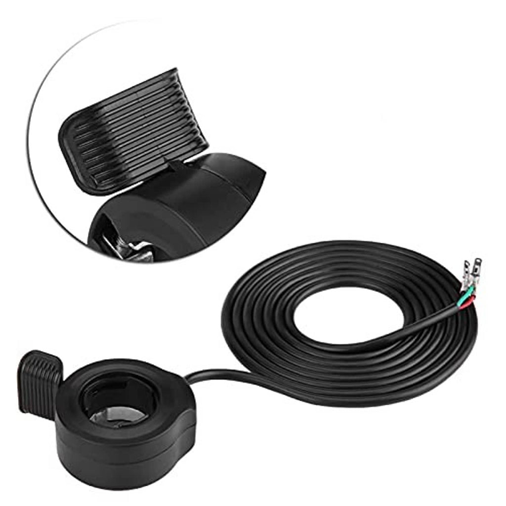 Black thumb throttle control with coiled cable, round housing, and wiring terminal ends