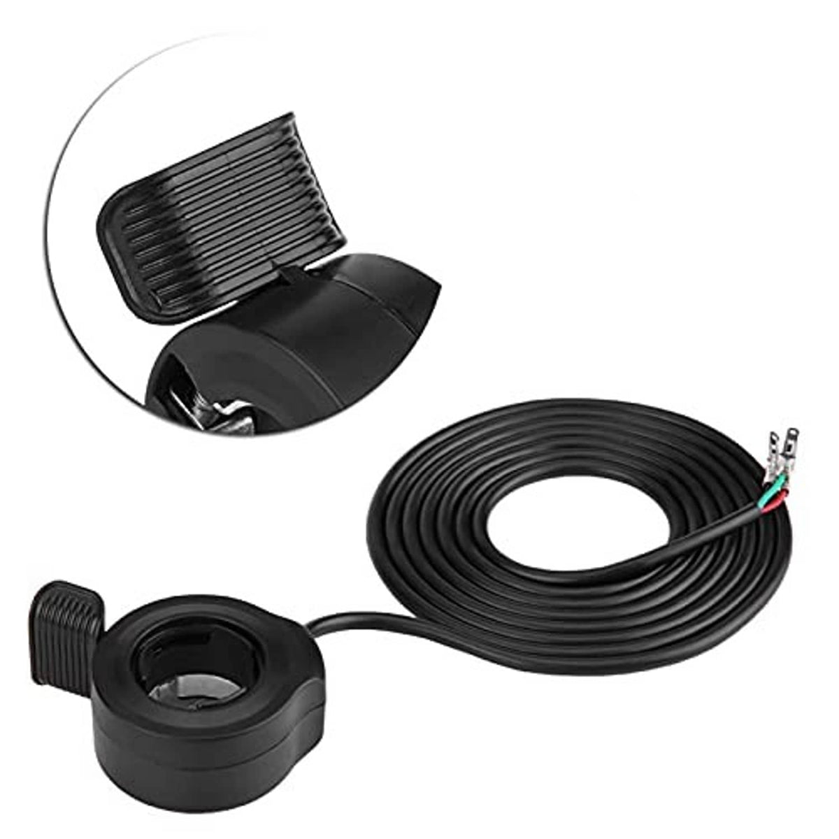 Black thumb throttle control with coiled cable, round housing, and wiring terminal ends