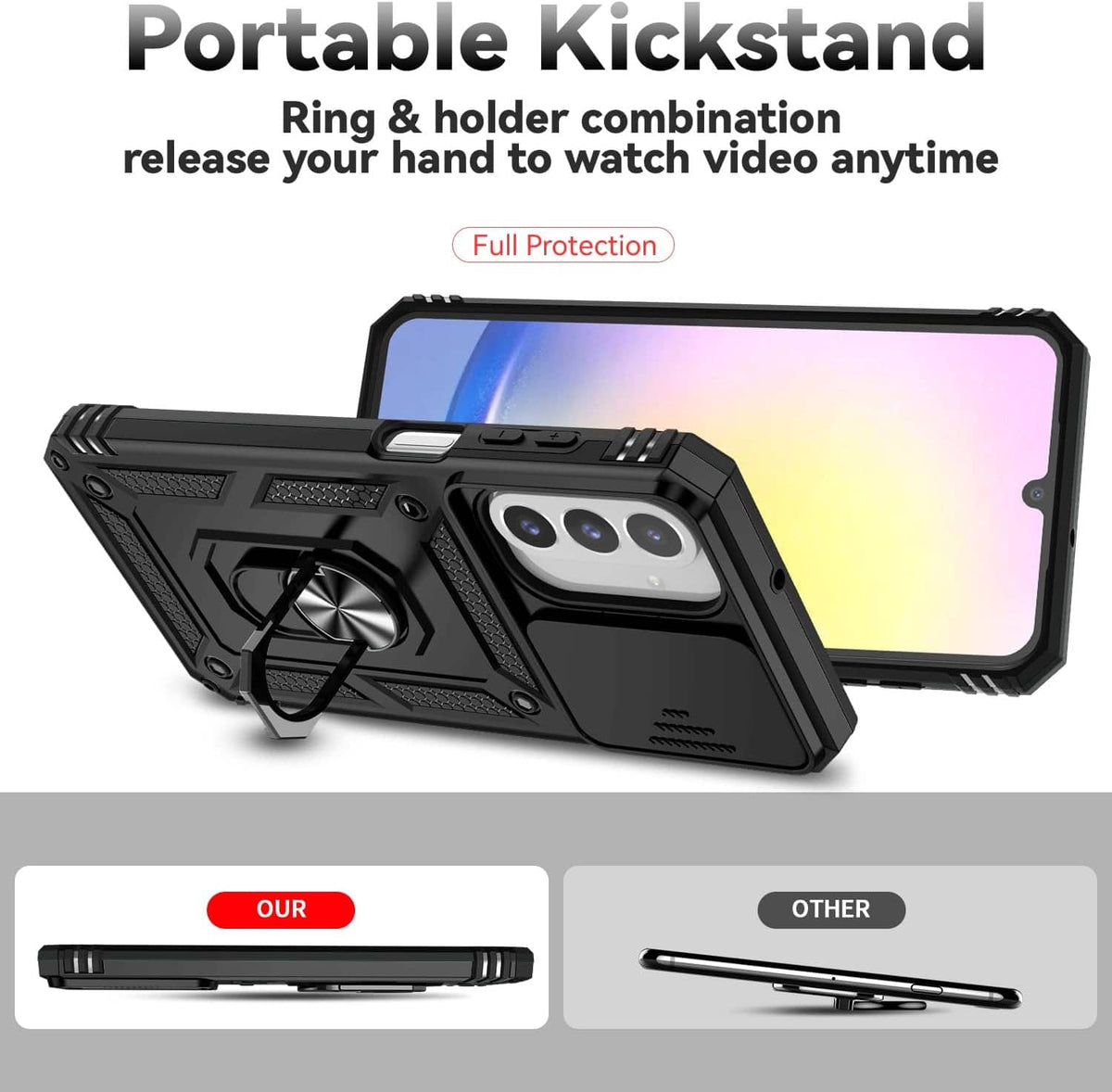 Black rugged phone case with camera lens cover and raised screen protection, ring stand