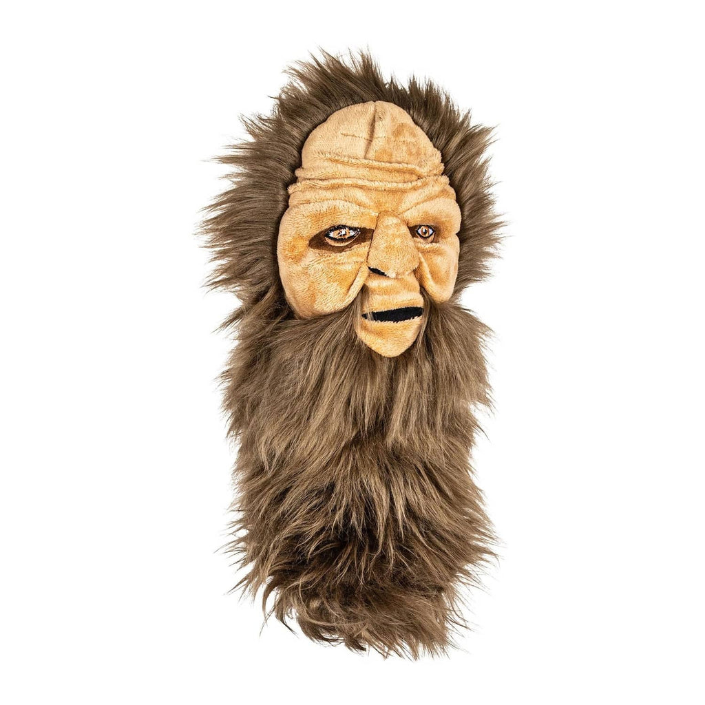 Sasquatch-style driver headcover with shaggy dark fur and tan face with painted eyes