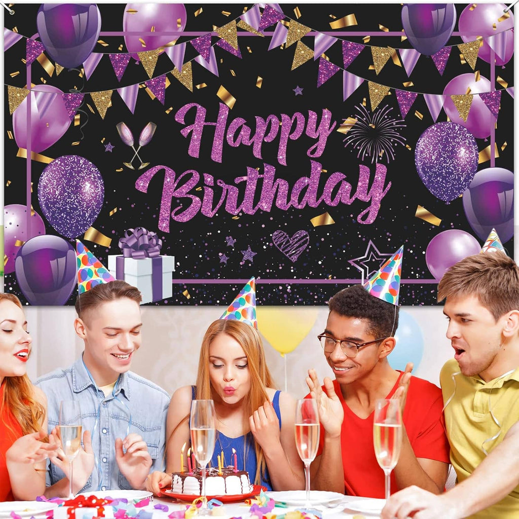 Happy Birthday banner with purple balloons and gold glitter confetti design