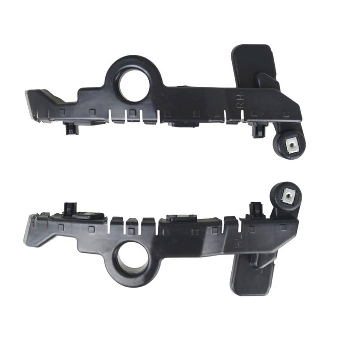 Front bumper guide bracket pair, black plastic with circular opening and stud-style mounting