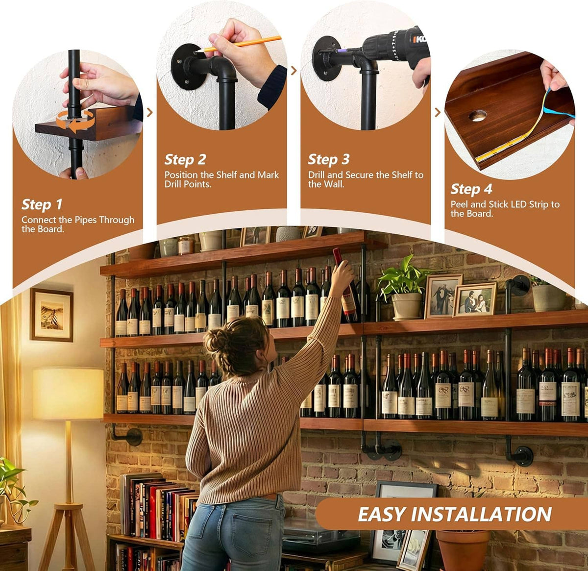 Industrial pipe wine rack installation steps with wall mounting parts