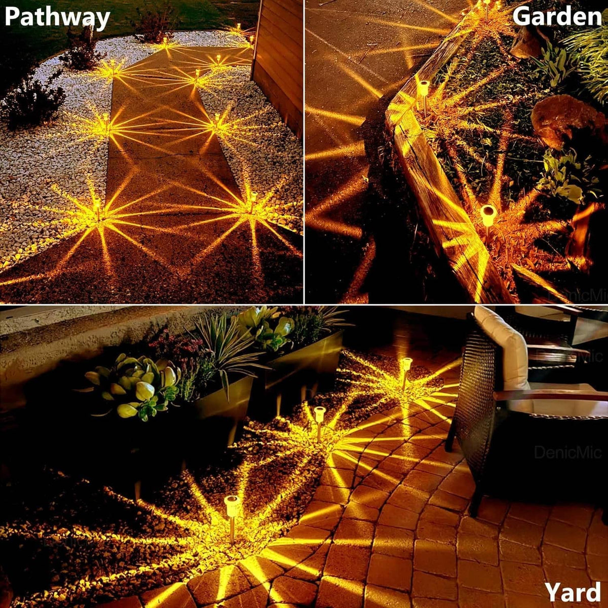 Multiple amber solar spike lights illuminating a brick pathway with starburst pattern