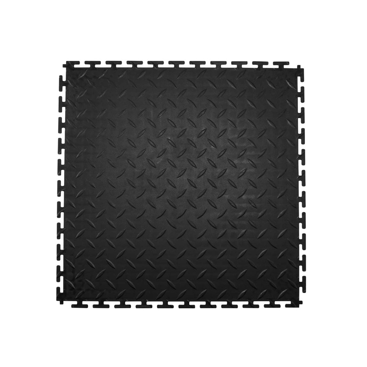 Black PVC interlocking floor tile with diamond-grip surface and snap-fit border