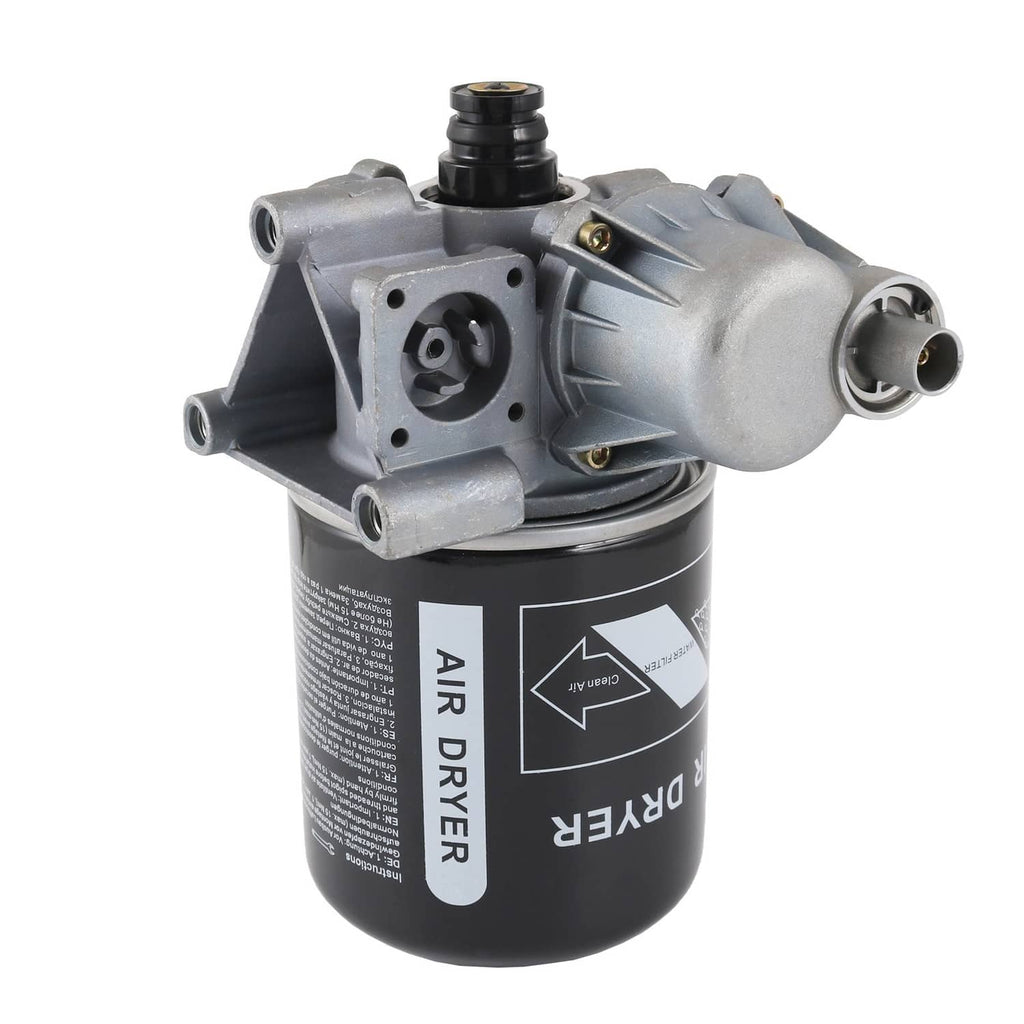 Air dryer assembly with gray mounting bracket and black canister, three-quarter view